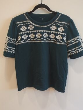Granola Western Tribal Garnet Hill Teal Embroidered Puff Sleeve Sweatshirt (M)